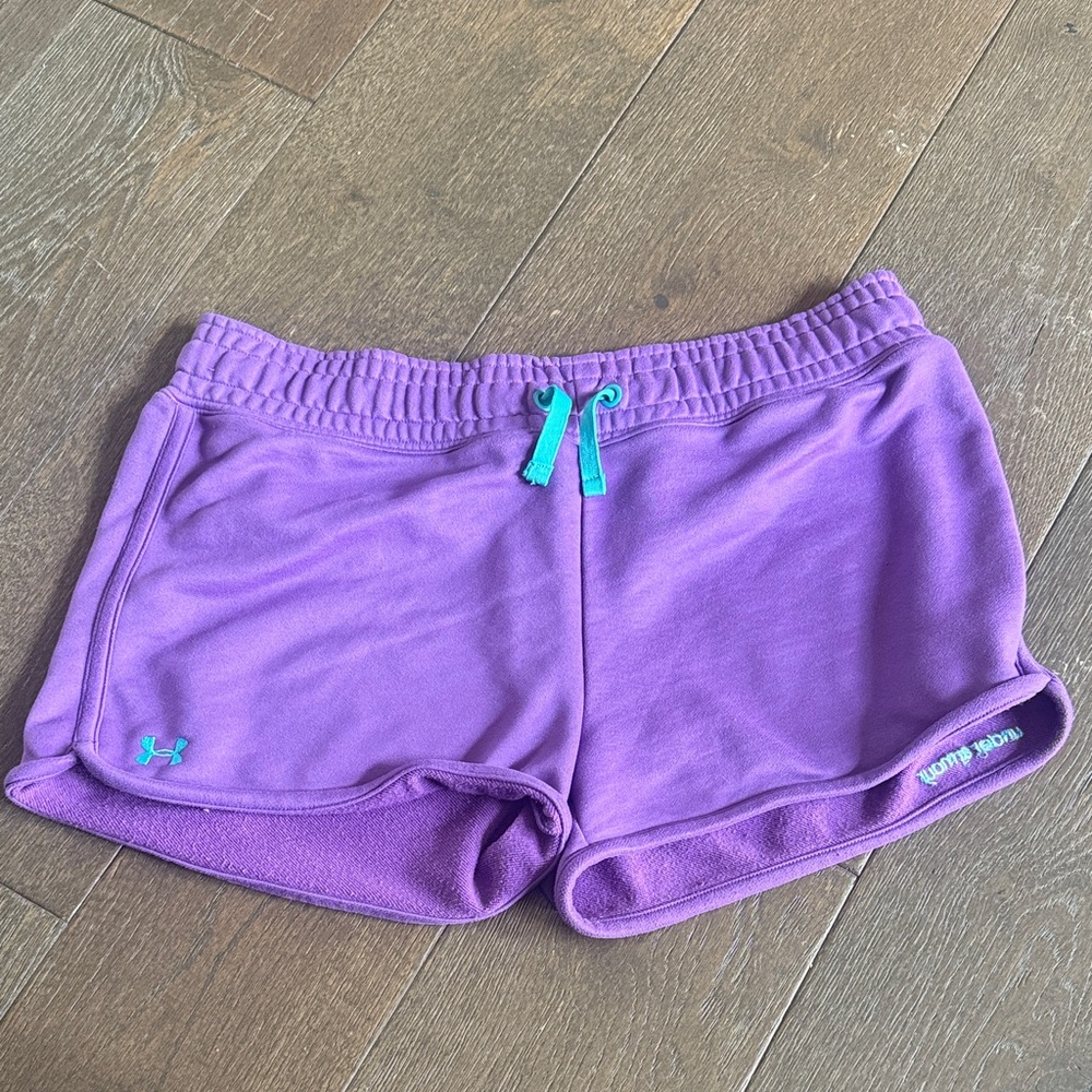 Under Armour Purple Women's Athletic Shorts with Teal Drawstring and logos